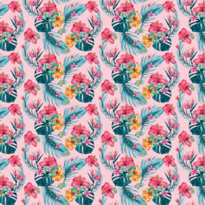 Mønstre tapet med tropiske hawaii blomster og blade i tegnet stil, baggrunden er sart lyserød.