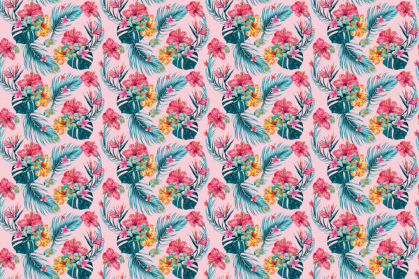 Mønstre tapet med tropiske hawaii blomster og blade i tegnet stil, baggrunden er sart lyserød.